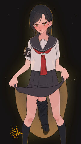 1futa absurdres armband black_armband black_hair black_sailor_collar black_skirt black_socks bottomless brown_eyes clothed clothes_lift clothing cock_sleeve_(clothes) cock_sock feet_out_of_frame flaccid futa_only futanari highres huge_cock human intersex kanjukutomato11 kneehighs lifting_own_clothes light-skinned_futa light_skin long_hair looking_at_viewer mostly_clothed neckerchief original penis red_neckerchief sailor_collar school_uniform serafuku shirt short_sleeves skirt skirt_lift smile sock_on_penis socks solo standing white_shirt