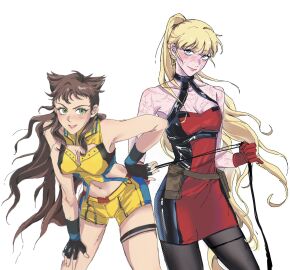 2girls adapted_costume bent_over black_pantyhose blonde_hair blue_eyes blush breasts brown_hair cleavage closed_mouth crutch_c deadpool_&_wolverine_(2024) dress female fingerless_gloves genderswap genderswap_(mtf) gloves green_eyes hand_on_own_hip hand_on_own_thigh highres lady_deadpool ladypool long_hair looking_at_viewer marvel marvel_cinematic_universe marvel_comics medium_breasts multiple_females multiple_girls navel pantyhose ponytail red_dress red_gloves rule_63 scar scars_all_over shorts simple_background sleeveless smile teeth two-tone_dress very_long_hair wanda_wilson white_background wolverine_(x-men) x-men yellow_shorts