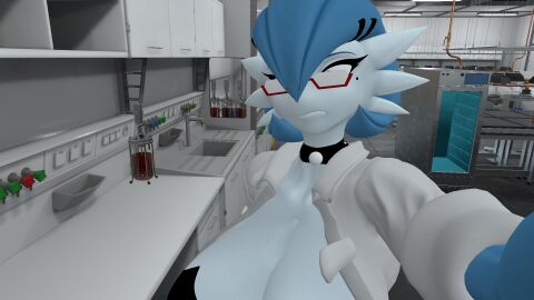 1girls 3d annoyed_expression big_breasts blue_hair breasts cleavage dr._voir female gardevoir glasses laboratory large_breasts pokemon pokemon_(species) shiny_pokemon solo vrcgooner06 vrchat warfare_gardevoir