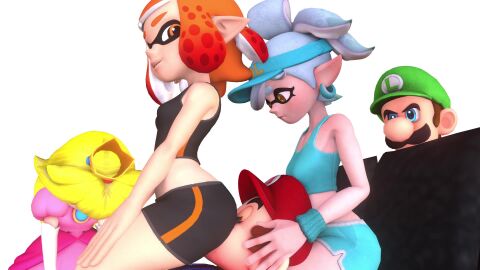 2boys 3d 3girls angry animated bike_shorts blonde_hair blue_eyes cheating cheating_boyfriend clothed clothed_sex crown cuckquean cunnilingus cunnilingus_through_clothes dress facesitting female grinding inkling inkling_girl kishi luigi male marie_(splatoon) marie_(wo262) mario mario_(series) mp4 netorare nintendo no_sound orange_eyes orange_hair princess_peach splatoon video wo262_(3d_model_style) workout_clothes