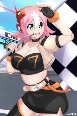 1girls big_breasts black_skirt black_stockings black_topwear blue_eyes breasts cleavage female female_only fully_clothed mega_man mega_man_x mega_man_x_dive nana_(mega_man) pink_hair race_queen robarts_hallway robot_girl skirt vest