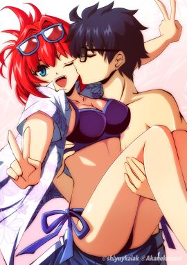 1boy ;d akane_kazami aozaki_aoko artist_name bikini black_hair blue-framed_eyewear blue_eyes blue_hair carrying carrying_person closed_eyes commission couple cowboy_shot double_v eyewear_on_head fate/extra female floral_print floral_print_shirt folded_ponytail glasses hair_intakes highres kissing kissing_cheek looking_at_viewer mahou_tsukai_no_yoru male melty_blood official_alternate_hair_color one_eye_closed open_clothes open_mouth open_shirt pink_background pixiv_commission princess_carry profile purple_bikini red_hair short_hair side-tie_bikini_bottom smile straight swimsuit teeth tohno_shiki topless_male tsukihime twitter_username type-moon upper_teeth v watermark