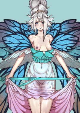 1girls areolae blue_background blue_eyes blush blushing_at_viewer braided_hair breasts dress dress_lift dripping ebonyxh fairy fairy_wings female female_focus final_fantasy final_fantasy_xiv horny horny_female imminent_sex legs_together light-skinned_female light_skin lightwarden lipstick pale-skinned_female pale_skin petite_breasts pussy pussy_juice pussy_juice_drip pussy_juice_trail sagging_breasts seductive seductive_eyes seductive_look seductive_smile sin_eater small_breasts smile smiling smiling_at_viewer square_enix staff thick_thighs tiara titania_(ffxiv) very_long_hair wet wet_pussy white_hair wings