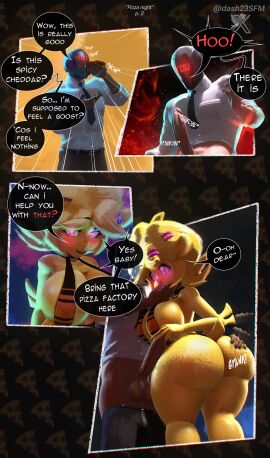 3d ass ass_grab chica_(cally3d) chica_(fnaf) chiku comic dash23 english_text fazclaire's_nightclub female five_nights_at_freddy's fredina's_nightclub pizza sfm source_filmmaker straight