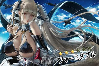 aircraft airplane azur_lane bare_shoulders between_breasts bikini black_bikini black_dress blue_sky blush breasts cg cleavage cloud day dress female flight_deck formidable_(azur_lane) frilled_dress frills grey_hair hair_ribbon huge_breasts large_breasts long_hair looking_at_viewer parted_lips red_eyes sakimichan sky solo star_(symbol) swimsuit twintails two-tone_ribbon underboob upper_body very_long_hair