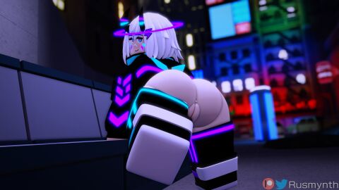 1girls 3d artist_name ass big_ass big_butt city city_background female looking_at_viewer neon_district nova_(rusmynth) original_character patreon_logo patreon_username pussy roblox roblox_game robloxian rusmynth smile tagme twitter_logo twitter_username vagina white_hair