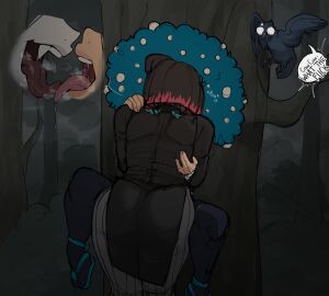 against_tree ass bird demon demon_slayer enmu femboy kissing male oc tongue_kiss