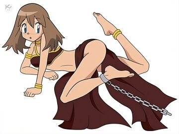 1girls artist_request ass blue_eyes bondage bound breasts brown_hair chains collar creatures_(company) female female_only femsub game_freak large_ass looking_back may_(pokemon) nintendo pokemon pokemon_rse short_hair simple_background slave_collar slave_collar_in_the_foot slave_leia_(cosplay) star_wars