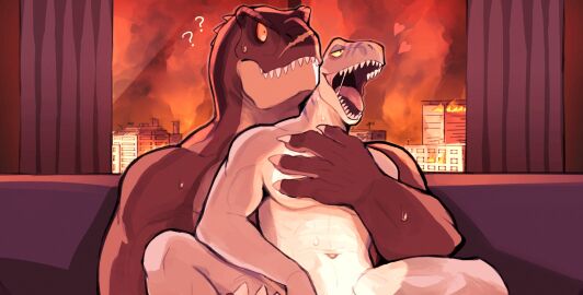anthro anthro_only apocalypse bodily_fluids brown_body brown_scales burning_building city dinosaur dromaeosaurid duo fire furniture gay hi_res k0bit0wani male male/male muscular muscular_anthro muscular_male on_sofa reptile scales scalie scar sharp_teeth sitting sitting_on_sofa sofa sweat sweatdrop teeth theropod tyrannosaurid tyrannosaurus tyrannosaurus_rex velociraptor wide_eyed
