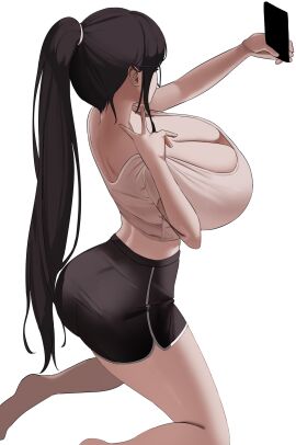 1girls black_hair breasts breasts_bigger_than_head cleavage female from_behind glasses huge_breasts kneeling long_hair megane-chan_(nicorima) nicorima oc on_knees peace_sign ponytail selfie shirt shorts