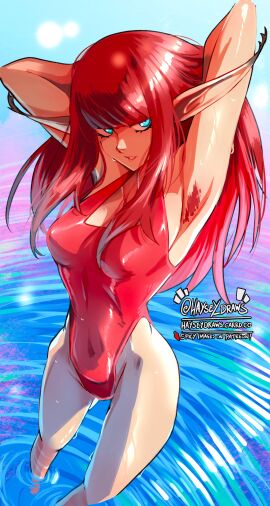 1girls 2024 2d 2d_(artwork) armpit_hair armpits arms_up artist_name athletic athletic_female atlus bad_id bangs baywatch_(cosplay) baywatch_(franchise) blue_eyes blunt_bangs breasts busty cosplay dead_source eiselin_hulkenberg elf elf_ears elf_female female female_focus female_only hands_behind_head haysey_draws hourglass_figure hulkenberg long_ears long_hair mascara medium_breasts metaphor:_refantazio navel one-piece_swimsuit outdoors outside pinup pinup_pose pointy_ears red_hair red_one-piece_swimsuit red_swimsuit sega solo swimsuit voluptuous voluptuous_female water wet wet_body wet_skin wide_hips