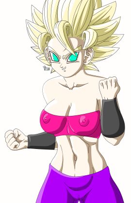 areolae belly blonde_female blonde_hair breasts camel_toe cameltoe caulifla clenched_hands dragon_ball dragon_ball_super female female_focus female_only green_eyes nipple_bulge nipples pussy saiyan saiyan_female saiyan_woman smiling spiky_hair super_saiyan super_saiyan_2 wetlaw white_skin wristband