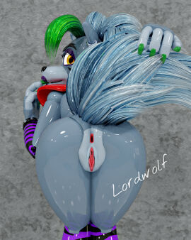 2025 3d 4_fingers animatronic anthro black_nose breasts canid canine canis claws clothed clothing coolioart digital_media_(artwork) ear_piercing ear_ring eyebrows female fingers five_nights_at_freddy's five_nights_at_freddy's:_security_breach glistening glistening_body green_claws green_highlights grey_hair hair hi_res highlights_(coloring) lipstick looking_at_viewer lordwolf machine makeup mammal piercing pointy_ears prick_ears purple_lipstick ring_piercing robot roxanne_wolf_(coolioart) roxanne_wolf_(fnaf) scottgames solo steel_wool_studios wolf yellow_eyes