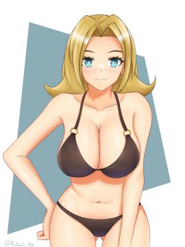 1girls bikini black_bikini blonde_female blonde_hair blue-eyed_female blue_eyes female hourglass_figure iris_thompson kentumatsu looking_at_viewer navel scp-105 scp_foundation simple_background thick_thighs thighs white_pupils