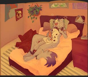 animal_genitalia animal_penis anthro bed bedroom_background bodily_fluids breast_squeeze breasts breath canid canine canine_genitalia canine_penis canis detailed_background domestic_dog furniture futanari genital_fluids genitals guncht intersex mammal masturbation nipples penile penile_masturbation penis plant precum solo squeezing