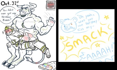 anthro anus balls bear bear_paws blush bovid bovine butt_slap cattle clothing costume cuntboy duo facial_hair firefighter genitals goatee halloween holidays intersex intersex/male male male/male mammal muscular nipples paws pussy reed_bull saggy_balls size_difference slap spanking speech_bubble stubborn yamato_burr yamatopawa