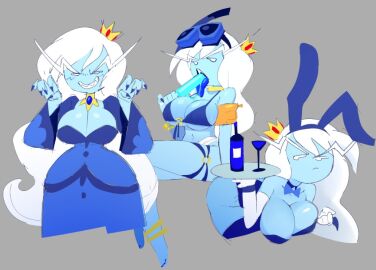 2d adventure_time alcohol annoyed annoyed_expression blue_body blue_skin blue_tongue bowtie bra breasts cartoon_network crown female goggles goggles_on_head grey_background huge_breasts ice_cream ice_queen_(adventure_time) painted_fingernails painted_nails plain_background playboy_bunny popsicle popsicle_melting robe sqwunx_(artist) swimsuit tongue tongue_out warner_brothers wine wine_bottle wine_glass