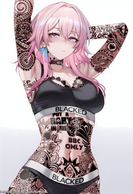 1girls ai_generated basicallynomore black_panties black_sports_bra blacked blacked_clothing female honkai:_star_rail hoyoverse looking_at_viewer march_7th_(honkai:_star_rail) mihoyo pubic_tattoo qos qos_clothing qos_tattoo queen_of_spades queen_of_spades_symbol queen_of_spades_tattoo sportswear tattoo tattoos
