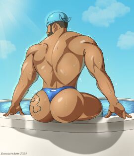 1boy archie_(pokemon) ass ass_focus back back_muscles back_view bara barodityarts beard big_ass big_butt brown_hair bubble_ass bubble_butt butt_focus dark-skinned_male dark_skin gay hi_res male male_only muscles muscular pokemon pool rear_view sitting sitting_down sky solo solo_male sweat tattoo tattoo_on_butt team_aqua thong underwear underwear_only water wet wet_body wet_skin yaoi