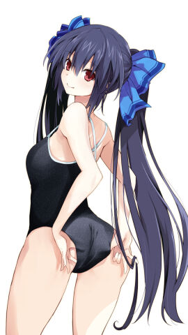 arms_behind_back ass bare_shoulders black_hair female from_behind hair_ribbon iwasi_r light-skinned_female light_skin long_hair looking_at_viewer neptunia_(series) noire one-piece_swimsuit red_eyes simple_background smile solo swimsuit twintails