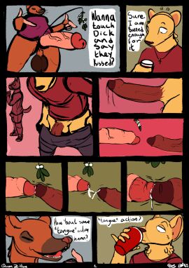 bodily_fluids bottomless canid canine christmas clothed clothing comic dialogue drinking drunk english_text exhibitionism foreskin frottage gay genital_fluids genitals hi_res holidays humanoid_genitalia humanoid_penis male male/male mammal mistletoe mustelid musteline party penile penis plant precum precum_string qwaxi~lixard sex speech_bubble substance_intoxication text true_musteline uncircumcised weasel