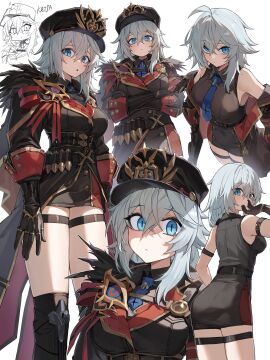 1girls ahoge ass back_view belt big_ass big_breasts black_eyes blue_eyes blue_hair breasts coat eternal_return:_black_survival female grey_hair hat huge_breasts huge_thighs katja_(black_survival) thighs white_hair