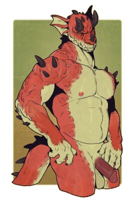 2024 abs anthro ass balls bara belly biceps deltoids dragon flaccid genitals hi_res looking_aside male masculine_male musclegut muscular mythological_creature mythological_scalie mythology navel nipples nude pecs penis roamingthrough scalie slightly_chubby solo spikes triceps yaoi yellow_eyes