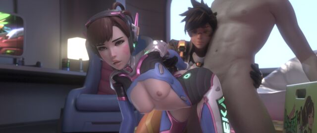 2girls 3d blizzard_entertainment breasts d.va female fraxxlr implied_anal implied_sex large_penis male male/female naked naked_male nude over_shoulder over_shoulder_view overwatch overwatch_2 penetration penis sex small_breasts teenager tracer
