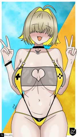 belly bikini breasts charging_battery chubby easter_egg elegg_(boom_and_shock)_(nikke) elegg_(nikke) female goddess_of_victory:_nikke hair_over_eyes heart_symbol large_breasts logo nikke oerba_yun_fang signature smile swimsuit tagme tim_heyderich twitter_username v_sign