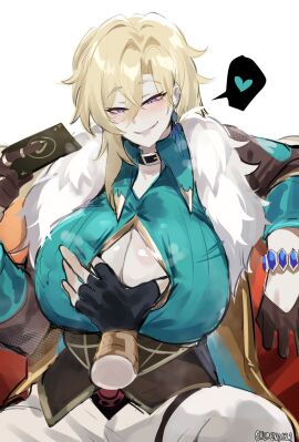 1boy 1girls aventurine_(honkai:_star_rail) big_breasts blonde blonde_female blonde_hair blush blushing boob_window bracelet breast_grab breasts breasts_focus dr._ratio_(honkai:_star_rail) earrings female female_focus fingerless_gloves fur_trim genderswap genderswap_(mtf) gloves groping groping_breasts hand_in_cleavage hand_on_breast heart_symbol honkai:_star_rail honkai_(series) huge_breasts imminent_paizuri jacket kurenaiz1 male multicolored_eyes pants playing_card poker_cards rule_63 smile smiling solo solo_female solo_focus straight tagme