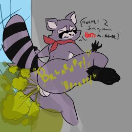 1boy 2d 2d_artwork anthro anus ass backsack balls ballsack bandana fart fart_cloud fart_fetish farting foot furry furry_only genitals green_fart green_fart_cloud grunting indigo_park leaning_against_wall male male_fart male_solo mammal nonhuman odka onomatopoeia procyonid purple_body raccoon raised_leg raised_tail rambley_(indigo_park) scarf solo solo_furry solo_male straining tail text