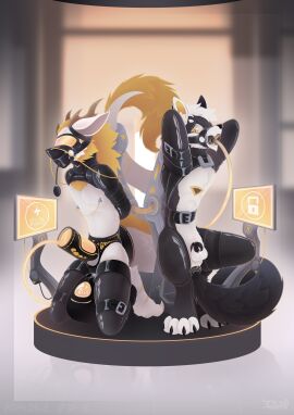 2024 absurd_res anthro astat1ne ball_gag biped black_chastity_cage bodily_fluids bondage canid canine chastity_cage chastity_device cum cum_in_mouth cum_inside drinking drinking_cum duo fox fur gag gas_mask genital_fluids hi_res male mammal mask milking_machine_on_male nipple_clamp penile penis penis_milking slim_anthro slim_male slim_sub submissive submissive_anthro submissive_male white_body white_fur