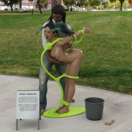 bent_over bondage bondage_furniture bound clothed_male_nude_female english_text female femsub green_hair laughing male naked nude open_mouth_gag outdoors park png public realistic shiny_skin sign squealnsquirm stationary_restraints strappado text tickling tickling_armpits