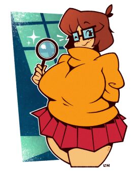 1girls big_breasts breasts brown_hair chubby chubby_female female female_only freckles glasses huge_breasts large_breasts legendofnerd magnifying_glass overweight scooby-doo skirt sweater thick thick_thighs velma_dinkley voluptuous voluptuous_female wide_hips wink winking_at_viewer