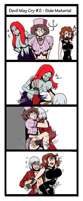 1boy 3girls 3girls1boy 4koma against_wall bakaiju beryl blush cindy cowgirl_position dante_(devil_may_cry) devil_may_cry devil_may_cry_(series) embarrassed english_text from_behind groping_breasts harem nevan raised_eyebrow smile smirk surprised vaginal_penetration vaginal_sex