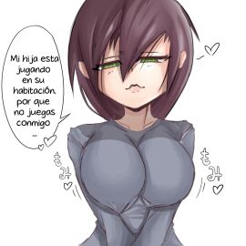 1girls akatosh_el_shota_furro big_breasts breasts brown_hair clothing female female_only green_eyes heart-shaped_pupils hi_res huge_breasts light-skinned_female lips original original_character solo spanish_text text