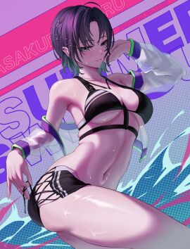 ahoge armpits asakura_toru ass bare_belly bare_legs bare_shoulders bare_thighs belly_button big_breasts bikini bikini_shorts black_bikini blue_eyes blush breasts cleavage cropped_jacket ear_piercing earrings gradient_hair groin hair_ornament idolmaster idolmaster_shiny_colors jacket midriff multicolored_hair off_shoulder parted_lips poanpan purple_hair short_hair smile thighs underboob wet_body