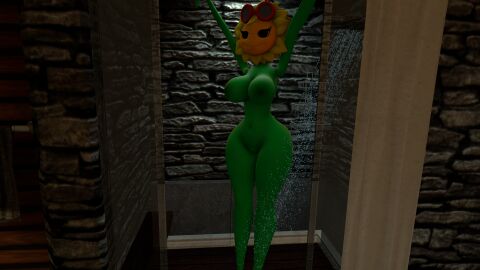 4k ass big_breasts brick_wall dim_lighting goggles goggles_on_head hi_res indoors self_upload shower shwering smile solar_flare_(pvz) source_filmmaker sunflower