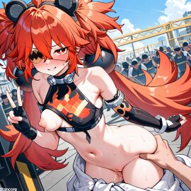 (titancore) ai_generated blush construction_site crowd crowd_watching curvy_figure cute_girl eyepatch female girl grabbing_ass hair_ornament holding_breast jumpsuit koleda_belobog long_hair naughty_face naughty_girl puffy_nipples pussy_juice pussy_juice_drip red_eyes red_hair showing_breasts showing_pussy small_breasts sweatdrop twintails video_game_character wet_pussy zenless_zone_zero