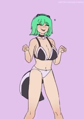 1boy1girl animated arejay big_breasts bra breasts_bigger_than_head collar dancing edit edited edited_by_uploader green_eyes green_hair music offering_clothing panties pink_background simple_background skunk_ears skunk_tail sound_warning tagme video