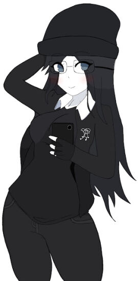 adult_female ass beanie_hat big_ass big_breasts black_hair blue_eyes blush breasts counteriser female glasses hand_on_head rogueordinary smiling_at_viewer white_skin youtuber