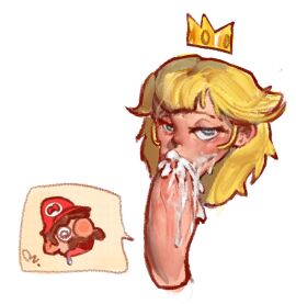 1boy 1girls 2024 big_penis blonde_female blowjob blowjob_face blue_eyes crown cum cum_in_mouth cum_on_face extinctyellow female heart male mario mario_(series) nintendo penis princess_peach reaction_bubble straight sucking_penis super_mario_bros. watermark white_background