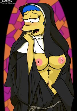 20th_century_studios 2d accurate_art_style breasts breasts_out church female marge_simpson nun nun_outfit solo the_simpsons tits_out toonius_sketchus yellow_body yellow_skin
