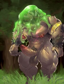 2_horns 5_fingers 5_toes adventurer ambush arm_tuft balls bara bovid bovid_horn bovid_humanoid bovine bovine_humanoid brown_balls brown_body brown_fur brown_penis brown_skin completely_nude dark_hair erect_nipples erection forest forest_background green_slime humanoid_feet humanoid_hands large_balls large_penis luke_c419 male male_only monster muscular muscular_male nipples nude nude_male paladin_(wildigu) parasite parasitic_possession penis plantigrade possessed possession pubic_hair red_glans red_nipples scar scars slime tattoo tattoo_on_chest tattooed_arm tattoos white_horn white_horns yaoi