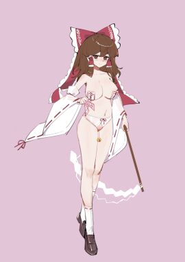 absurdres bell big_breasts bow bow_panties breasts brown_eyes brown_footwear brown_hair casual chinese_commentary cleft_of_venus clitoral_stimulation clitoris clitoris_pull clothing commentary_request crotchless crotchless_panties detached_sleeves female frilled_bow frills full_body gohei hair_tubes hakurei_reimu heart heart-shaped_pupils highres holding holding_gohei huangyou human jingle_bell large_breasts long_hair looking_at_viewer ofuda ofuda_on_nipples pale_skin panties pasties pussy reimu_hakurei ribbon-trimmed_sleeves ribbon_trim smile socks solo standing symbol-shaped_pupils tape taped_nipples touhou underwear white_panties white_socks