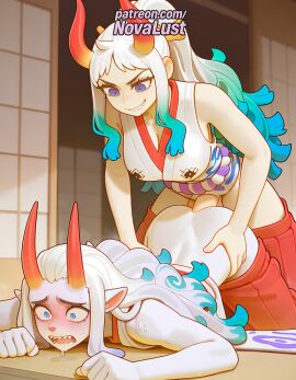 1futa 2025 2girls ai_generated all_fours anal artist_name blue_eyes blue_hair blush clenched_teeth doggy_style doggystyle_position drooling from_behind from_behind_position futa_on_female futa_with_female futanari grin hi_res high_quality high_resolution highres horns hybrid_yamato japanese_clothes long_hair multicolored_hair multiple_girls novalust one_piece oni patreon patreon_username rear_entry red_hakama selfcest sex_from_behind sharp_teeth single_horn smile stable_diffusion teeth watermark white_hair yamato_(one_piece)