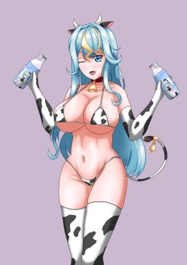 1girls bikini blue_hair cow_bikini cow_print cowkini emilia_senpai female kaminari_clara milk phase_connect phase_connect_jp phase_kaleido side_ponytail virtual_youtuber