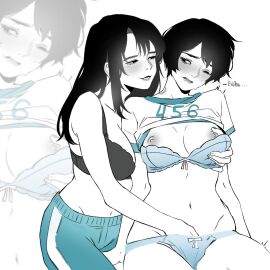 457 black_bra black_hair blue_bra blue_panties bow bow_bra bow_panties bra bra_pull breasts cleavage female female/female female_focus female_only female_torso fingering genderswap genderswap_(mtf) hand_in_another's_panties hand_in_panties hand_on_breast hwang_in-ho lesbian_sex light-skinned_female light_skin long_hair navel nipple_play nipples panties pussy rule_63 russian_text seong_gi-hun shirt shirt_lift shirtless short_hair squeezing_breast squid_game tearing_up tears underwear vulva_handjob yuri