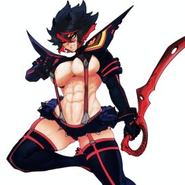1girls abs bare_thighs big_breasts black_hair breasts clothed clothing color female female_focus female_only fit fit_female freckles hi_res kill_la_kill large_breasts light-skinned_female light_skin master_dcj matoi_ryuuko muscles muscular muscular_female no_bra panties senketsu short_hair solo solo_female sword tagme thick_thighs