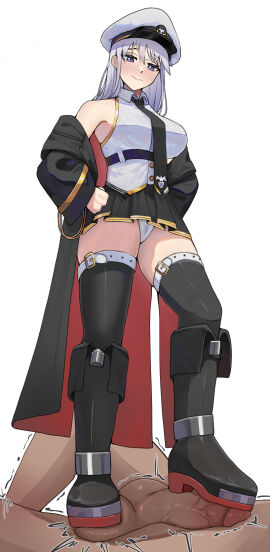 1boy 1girls azur_lane ballbusting balls belt black_belt black_boots black_coat black_footwear black_necktie black_skirt black_thighhighs boot_fetish bootjob boots breasts censored clothed_female_nude_male coat cock_and_ball_torture cock_and_balls_torture eagle_union_(azur_lane) enterprise_(azur_lane) female femdom footjob hat knee_boots light-skinned_female light_skin long_hair looking_at_viewer male medium_breasts military_hat miniskirt mosaic_censoring necktie off_shoulder open_clothes open_coat peaked_cap penis purple_eyes shirt shoejob skirt sleeveless sleeveless_shirt smug solo_focus stepped_on stepping_on_balls stepping_on_penis thighhighs very_long_hair white_background white_hair white_headwear yellow_glasses_(lewd_glasses)